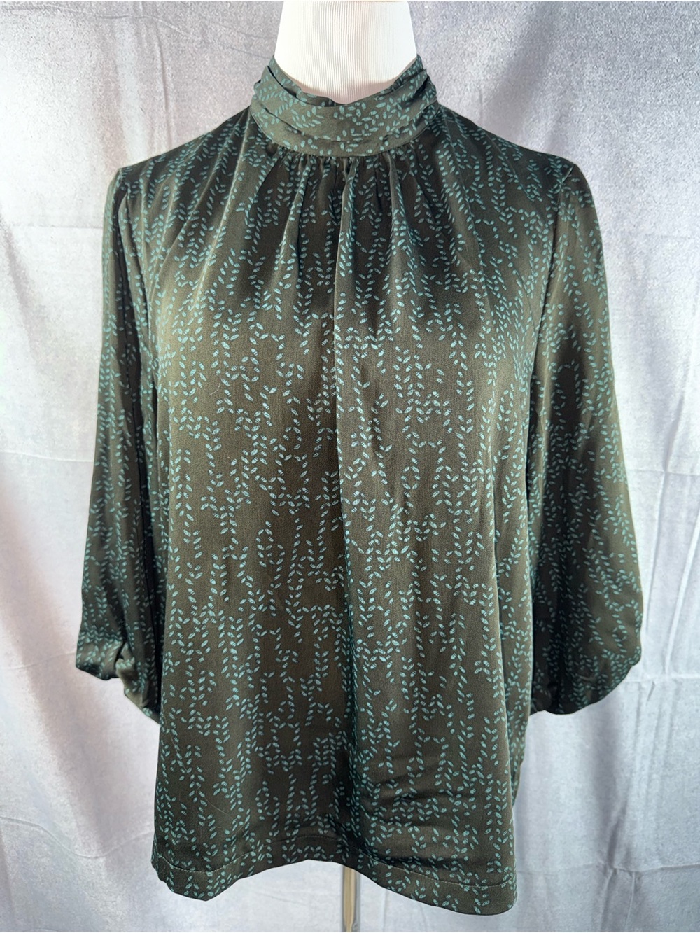 2441-Prologue Dark Green Mock Neck Blouse with Teal Leaf Print